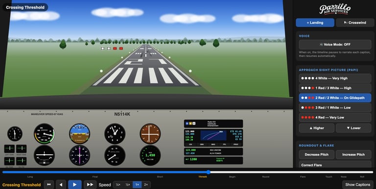 Flight simulator cockpit view showing runway approach with instrument panel and gauges displayed at bottom
