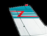 Airplane tail fin with teal and white design featuring a red diagonal stripe and red beacon light