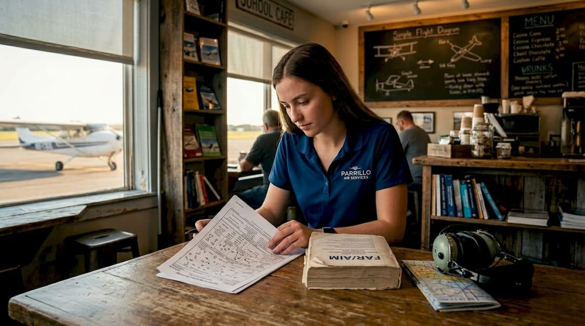 Woman in blue uniform reading a document at a wooden counter in a cafe with an airplane visible through the window.